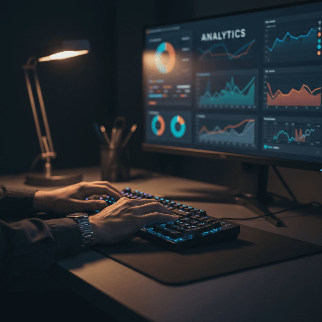 Clean tech workspace with analytics dashboard displays and blue accent lighting