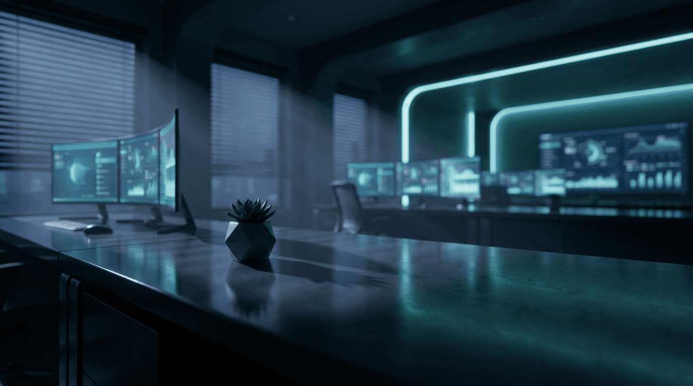 Analytics dashboard with glowing blue metrics on dark monitor