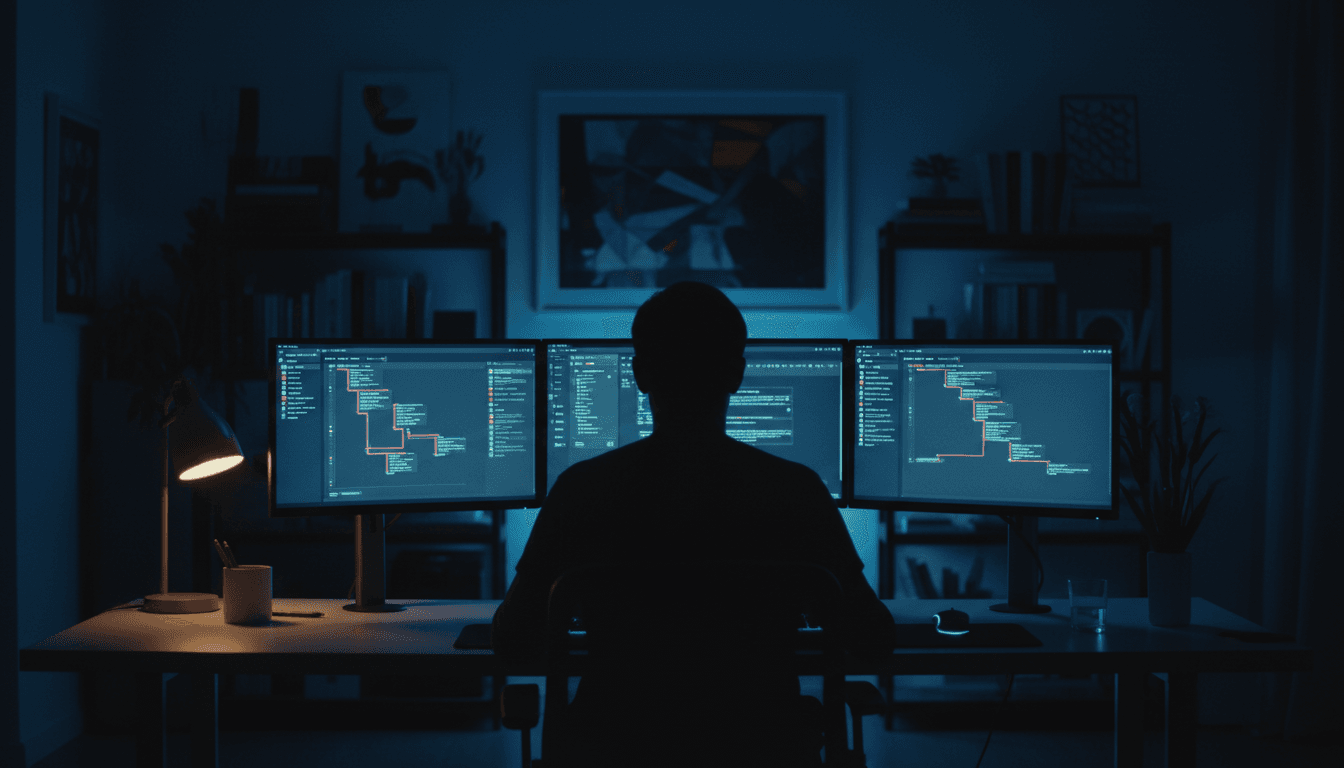 Blue-lit digital dashboard interface on modern computer monitors in a minimalist tech workspace