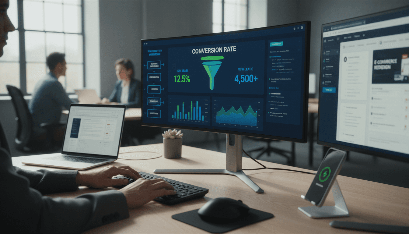 Digital marketing dashboard and analytics displayed on modern monitors in a minimalist workspace with blue accent lighting
